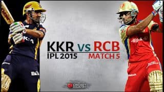 Live Cricket Score, Kolkata Knight Riders vs Royal Challengers Bangalore, IPL 2015, Match 5 at Kolkata, RCB 179/6 in 19 overs: RCB win by 3 wickets